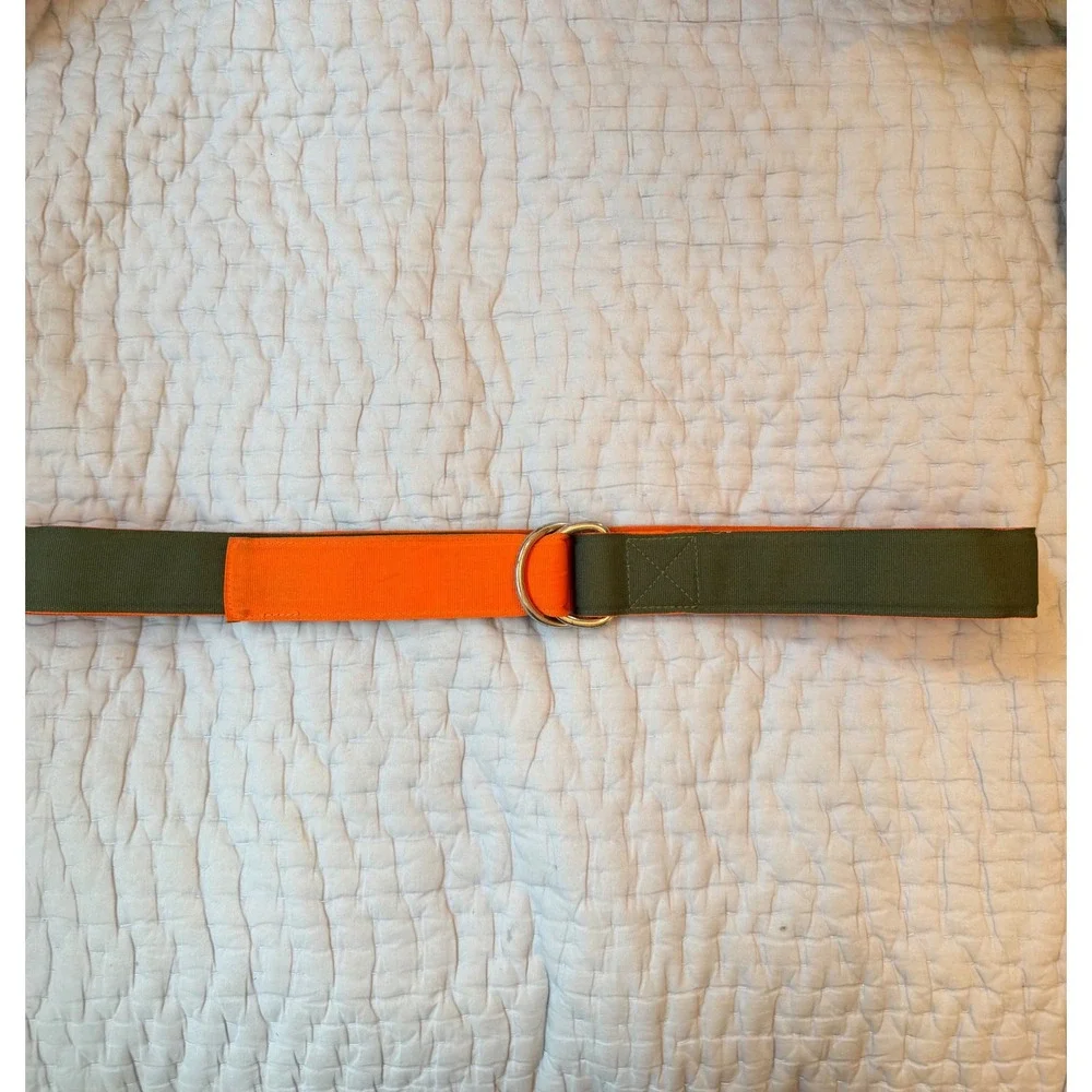 J.Crew Mens Webbed D-Ring Belt Olive Green Orange Grosgrain Canvas 46 Inch